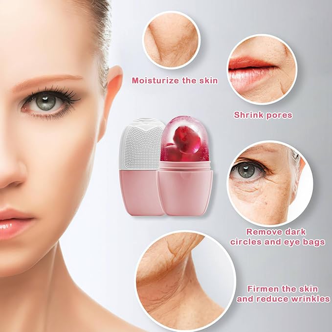 XHJRI Ice Face Roller Massager,Ice Cube Roller for Face, Eyes and Neck Naturally Conditioning and Skin Care,De-Puff Eye Bags,Reduce Migraine Pain,Reusable Massage Silicone Ice Mold (New Pink White)