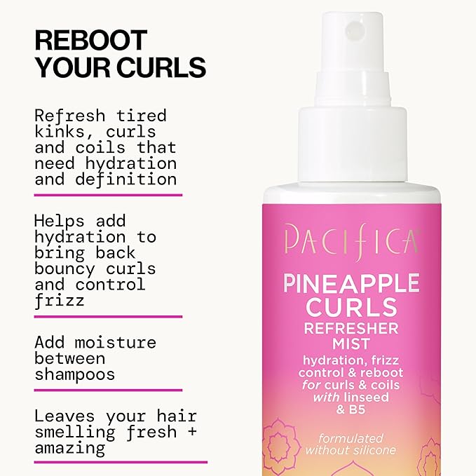 Pacifica Pineapple Curls Refresher Mist Frizz Control Spray & Curly Hair Enhancing -w/Hyaluronic Acid Vitamin B5 & Natural Plant Oils Revitalizes Curls - Vegan Cruelty Free Dermatologist Tested
