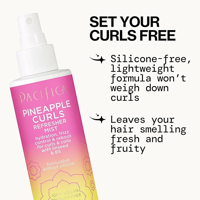 Pacifica Pineapple Curls Refresher Mist Frizz Control Spray & Curly Hair Enhancing -w/Hyaluronic Acid Vitamin B5 & Natural Plant Oils Revitalizes Curls - Vegan Cruelty Free Dermatologist Tested