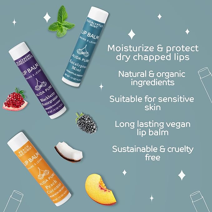 Fruit Mint Lip Balm Collection, Vegan Lip Balm Set, Bees Wax Free, Coconut Oil Free, Avocado Oil, Organic Jojoba Oil, Vitamin E, Natural Moisturizer For Dry Cracked Lips, 3 Tube Set