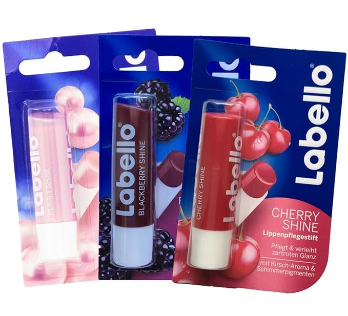 Labello Pearly Shine, Labello Blackberry Shine, Labello Cherry Shine Lip Balm Bundle