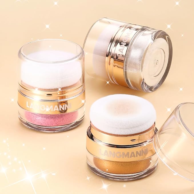 Glitter Body Highlighter Powder Body Shimmer Sparkle Face Brightening Highlighter Powder for Face Eyes Body Glow Makeup With sponge head（silvery）