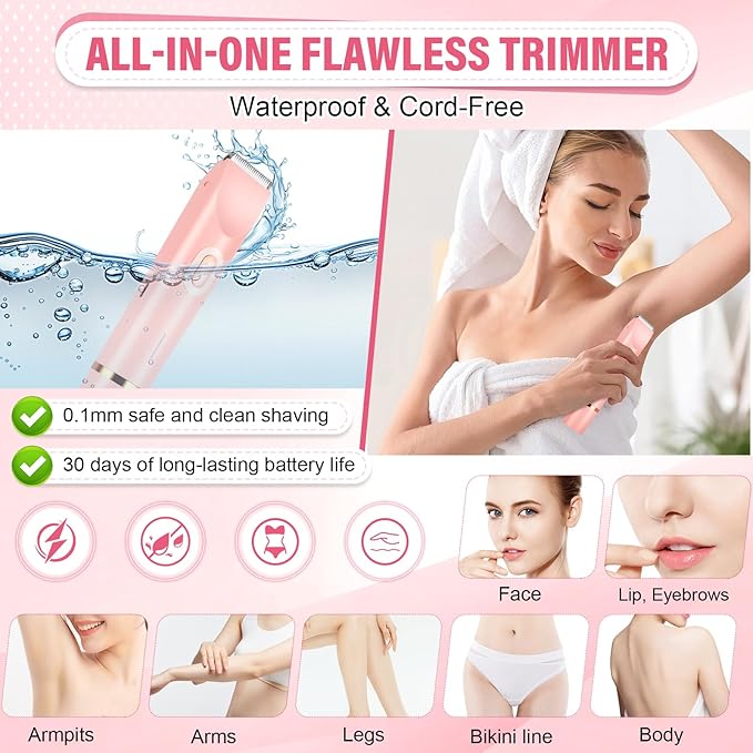 Women's Bikini Trimmer, 2-in-1 Electric Shaver for Bikini Line, Legs, Underarms, Face - Waterproof Women's Electric Shaver for Sensitive Skin, USB Rechargeable (Purple) (Pink)