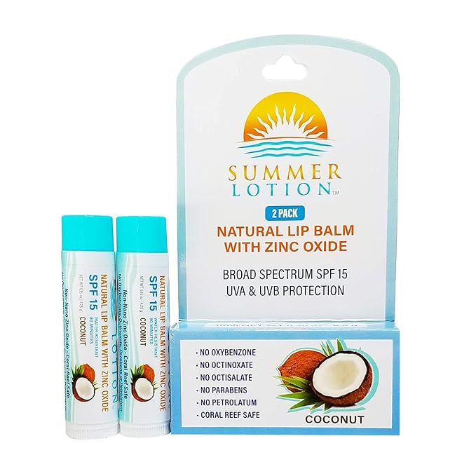Natural Lip Balm with Zinc Oxide Sunblock by Summer Lotion, SPF 15 Lip Sunscreen 2-Pack, Water Resistant Chapstick, SPF Lip Protection for Everyone, (Coconut)