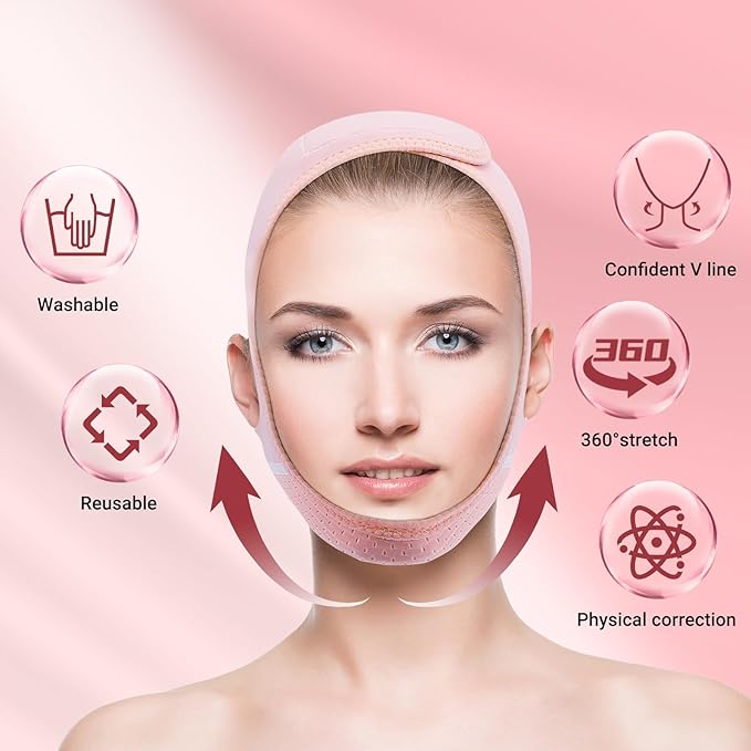 Reusable V Line Lifting Mask with Chin Strap for Sleeping,Face Lift Prevent Sagging, Jaw Exerciser,Pink,M