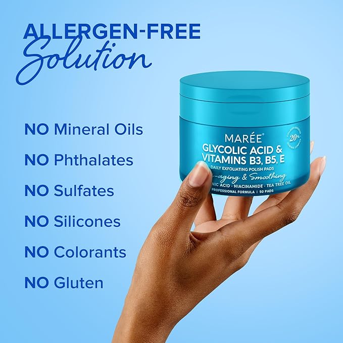 MAREE Glycolic Acid Polishes - Toner Pads for Face Cleansing - Tea Tree Oil, Salicylic Acid & Vitamins E, B3, B5 - Facial Peel & Radiance Deep Cleaning Effect - 50 Count