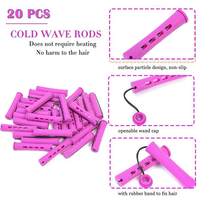 YOROSTAR 20pcs Purple Plastic Perm Rods Set for Natural Hair Cold Wave Rods Hair Rollers for Long Short Women's Hair DIY Hairdressing Tools