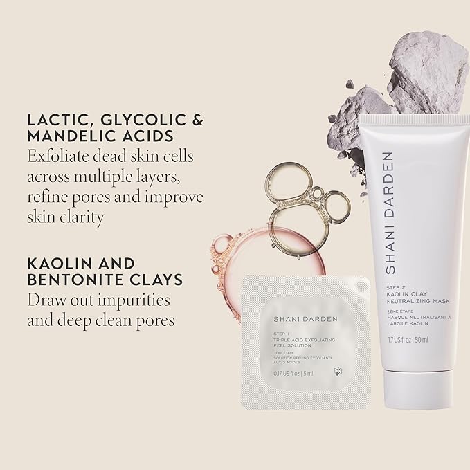 SHANI DARDEN SKIN CARE Triple Acid Peel, 2-Step Exfoliating Face Peel with Mandelic, Lactic & Glycolic Acids, Kaolin Clay Neutralizing Mask & Brush, Helps Improve Dark Spots & Skin Texture, 0.5 fl oz