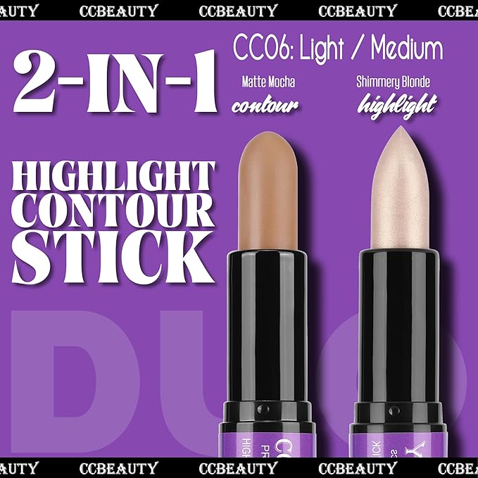CCbeauty 2pcs 2-IN-1 Shimmer Contour Highlighter Stick with Blush,Cream Dual-End Highlight Bronzer Concealer & Blusher for Cheeks & Lip, Long Lasting Contouring for Face Shaping Makeup, Light-Medium