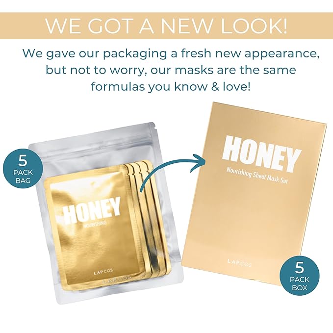 LAPCOS Honey Sheet Mask, Daily Face Mask with Hyaluronic Acid and Antioxidants to Hydrate and Tighten Dry Skin, Korean Beauty Favorite, 5-Pack