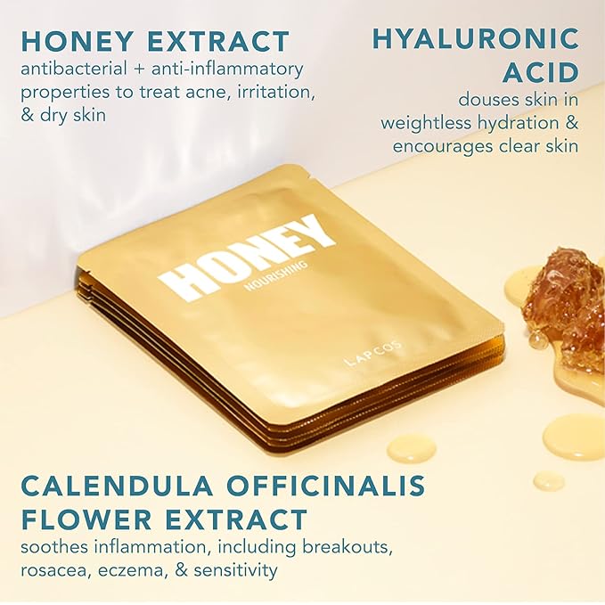 LAPCOS Honey Sheet Mask, Daily Face Mask with Hyaluronic Acid and Antioxidants to Hydrate and Tighten Dry Skin, Korean Beauty Favorite, 5-Pack