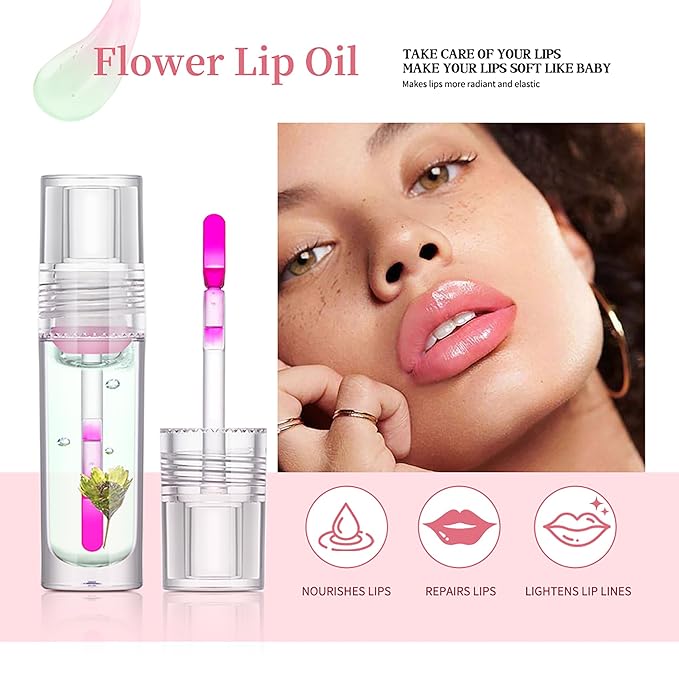 Flower Lip Oil, Hydrating Lip Glow Oil, Plumping Lip Oil, Non-Sticky Long Lasting Lip Oil Gloss, Transparent Lip Oil Tinted, Lip Plumper Gloss, Moisturize your lips and Reduce lip lines (03)