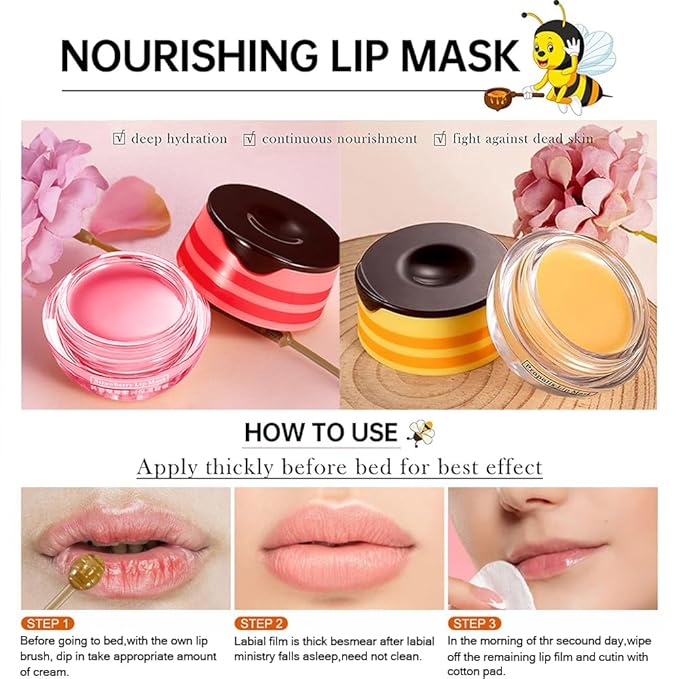 Bee Lip Balm Honey Pot,Strawberry & Honey Moisturizing Propolis Lip Mask,Hydrating Prevention Dry and Cracked Lip Scrubs Exfoliator,Lip Sleep Mask Reduces Lip Lines Lip Skin Care Products