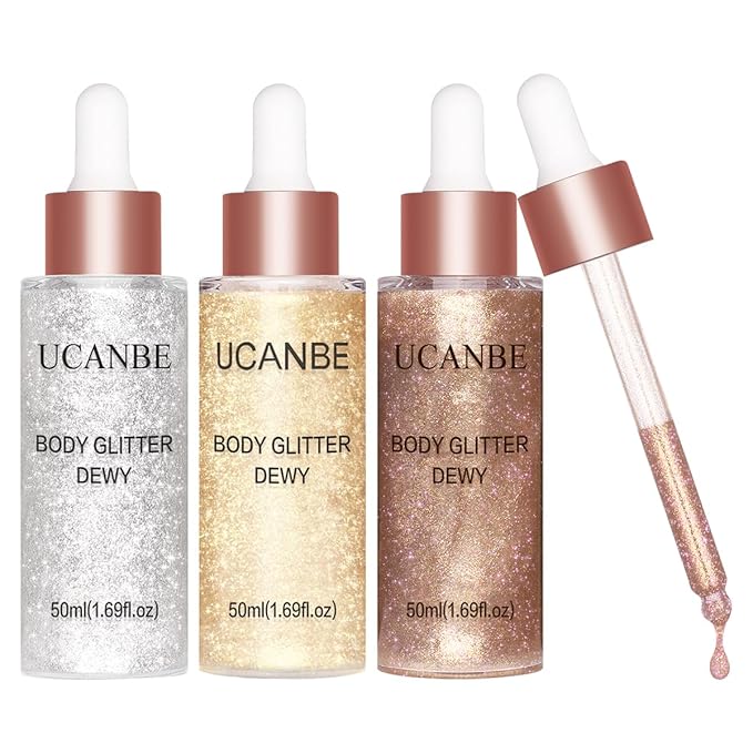 UCANBE Glow Shimmer Drop Set for Women Highlighter Makeup Body Glitter Dewy Liquid Face Holographic Luminizer Sparkles for Face (3 Pcs)