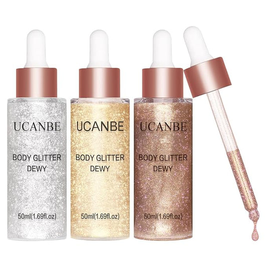 UCANBE Glow Shimmer Drop Set for Women Highlighter Makeup Body Glitter Dewy Liquid Face Holographic Luminizer Sparkles for Face (3 Pcs)