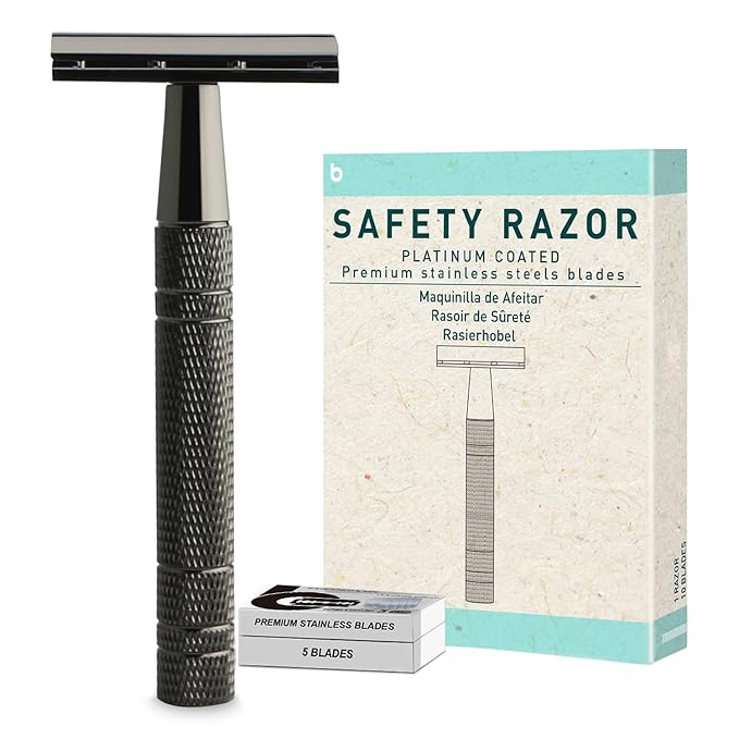Gun Black Safety Razor, Single Blade Razors for Men & Women, with 10 Stainless Steel Double Edge Blades, Reusable Metal Razor, 1 Blade Razors, Eco-Friendly, Smooth and Close Shave, Plastic Free