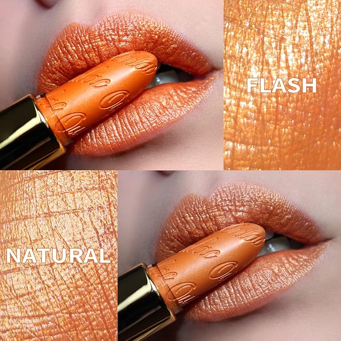Oulac Pumpkin Color Lipstick with Metallic 3D Shine Hydrating Formula, High Impact Lip Color, Vegan Beauty, Full Coverage Lip Makeup, Christmas Gifts for Women, Persimmons(19)