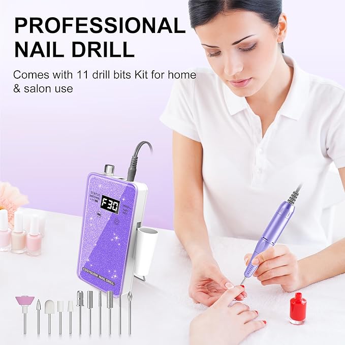 Professional Electric Nail Drill File:COSYGLOW Glitter Portable Cordless E-File Nail Drill Kit with 11 Drill Bits,30000 RPM Rechargeable Nail Drills Machine for Acrylic Nails Gel Polishing(Purple)