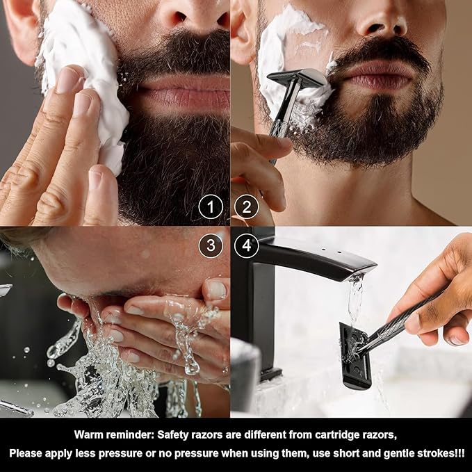Shiny Gun Black Double Edge Safety Razor, Single Blade Razors for Men and Women, with 10 Stainless Steel Safety Razor Blades, Reusable, Smooth and Close Wet Shaving Kit, Plastic Free