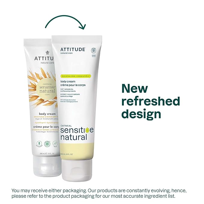 ATTITUDE Body Cream for Sensitive Skin with Oat, EWG Verified, Dermatologically Tested, Vegan, Argan Oil, 8 Fl Oz