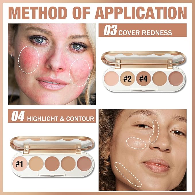 FOCALLURE #GoldenAge 5 in 1 Multi Uses Concealer Palette, 5 Colors Correcting Conceal Palette, Camouflage Contour Palettes for Dark Circles, Face Contouring Highlighter Pallet, 01 LIGHT-MEDIUM