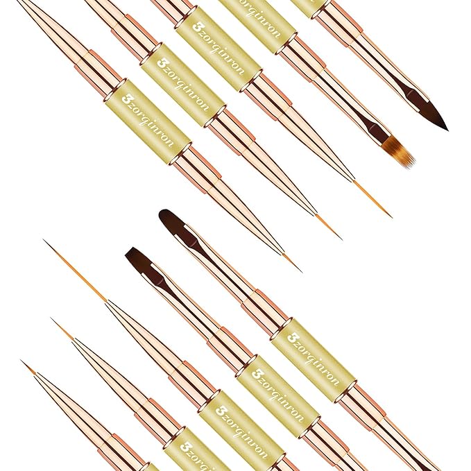 Nail Art Brushes for Nail Art, Professional 5Pcs Double-Ended Acrylic Nail Brush Set for Details, Long Lines, Ombre & 3D Design-Perfect for DIY Manicures & Salons (Gold)