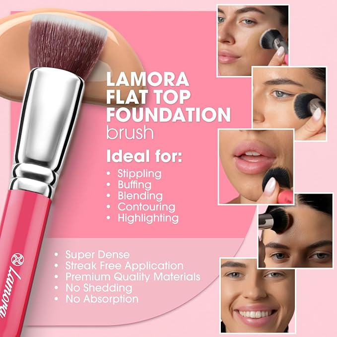 LAMORA Foundation Brush for Liquid Makeup - Kabuki Face Brush for Cream, Powder, Blush, and Concealer - Flat Top Blending, Buffing, Stippling Brush