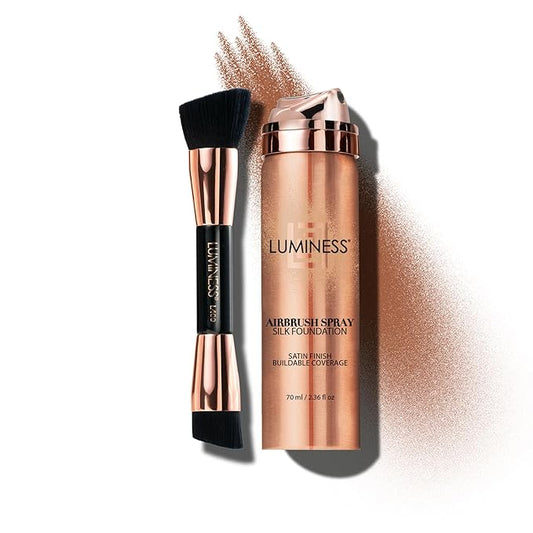 LUMINESS Silk Airbrush Spray Foundation & Buffing Brush Kit – Full Coverage Foundation & Dual-Sided Buffing Brush - Buildable Coverage, Anti-Aging Formula Hydrates & Moisturizes (Shade - Deep)