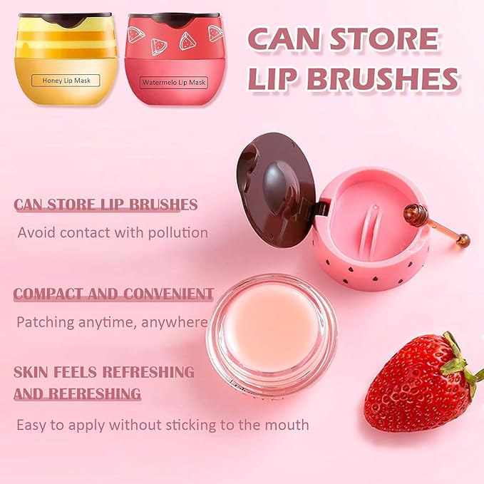 2 PCS Bee Lip Balm Honey Pot, Watermelon & Apple Lime Lip Sleeping Masks Overnight, Hydrating Prevention Dry and Cracked Lip Scrubs Exfoliator Lip Care, Reduces Lip Lines