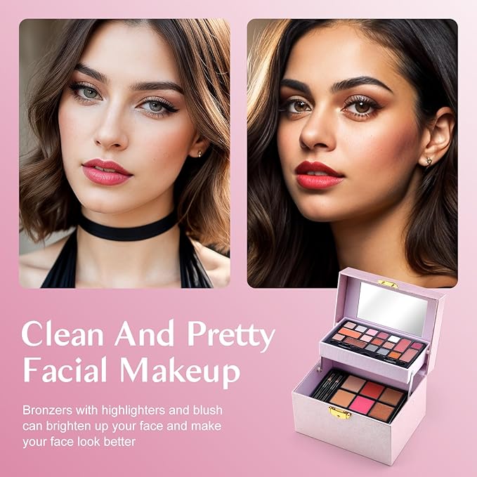 Color Nymph Beginner Makeup Kit For Teens, Girls Makeup kits With Recyclable And Key-Lockable Cabinet Included 17-Colors Eyeshadows Blushes Bronzer Highlighter Lipstick Brushes Mirror(Pink)