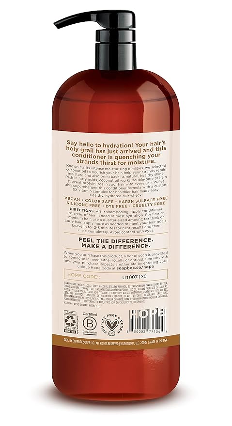 Soapbox Coconut Oil Conditioner, Sulfate & Paraben Free, Silicone Free, Color Safe, and Vegan Hair Conditioner (33.8 Ounces)
