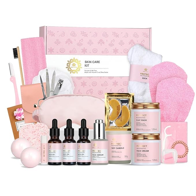 Mother's Day Gift, Spa Gifts 28pcs Rose Facial Skin Care Set for Women, Face Cream, Bath Oil, Serum, Shower Accessories - Bath and Body & Facial Kit - Birthday, Christmas, Valentine's, Bridal Shower