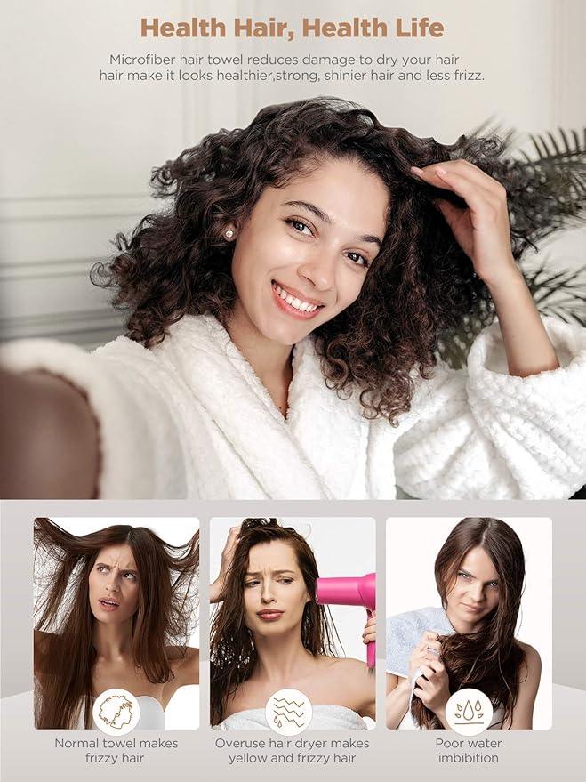 Hicober Microfiber Hair Towel, 3 Packs Hair Turbans for Wet Hair, Drying Hair Wrap Towels for Curly Hair Women Anti Frizz (Grey,Blue,Grey)