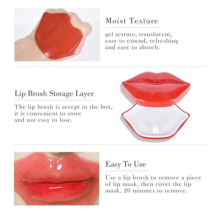 20Pcs Lip Mask, Red Cherry Lip Moisturizing Plumping Masks Overnight, Lip Gel Treatment Lip Masks for Dry Lips Smooth& Plump Chapped Lip Collagen Overnight Lip Care Pads Patches(Red)