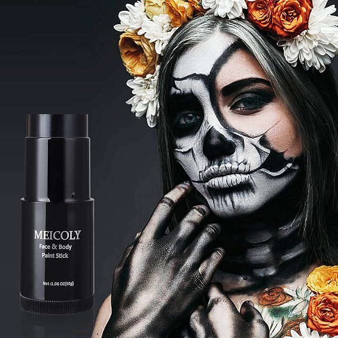 MEICOLY Black Face Body Paint Stick(1.06 Oz),Waterproof Black Face Paint for Cat Halloween SFX Skull Joker Zombie Vampire Skeleton Goth Spider Cosplay Makeup,Black Stick Clown Makeup