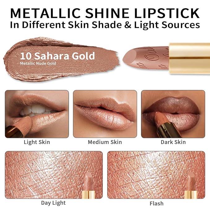 Oulac Nude Lipstick for Women with Metallic 3D Shine Lightweight Hydrating Formula, High Impact Lip Color, Vegan Beauty, Full Coverage Lip Makeup, Christmas Gifts for Women, Sahara Gold(10)