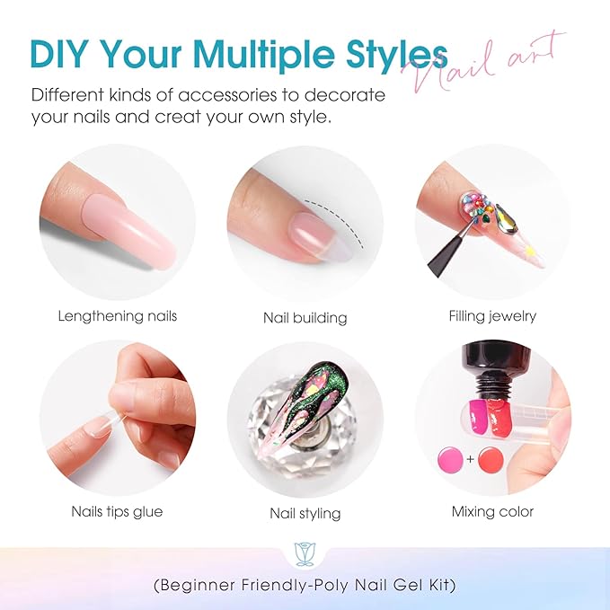 ROSALIND Poly Nail Gel Colors Kit -14 Colors +72 Nail Art Accessories kit Poly Nails Gel Kit Starter Kit with Mini UV Lamp Slip Solution Poly Nail Art Tools for Beginners with Everything