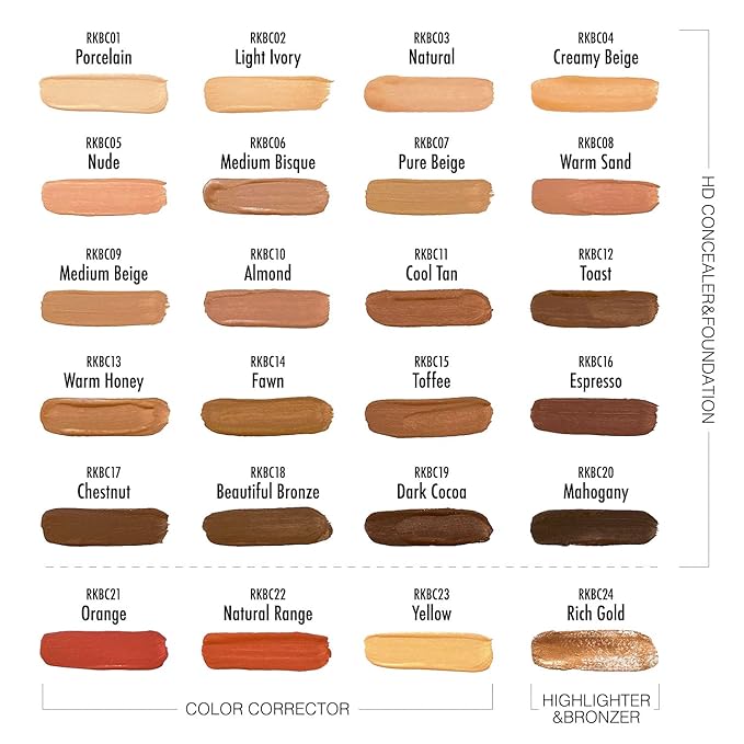 Ruby Kisses HD Brush Concealer & Foundation, Full Coverage, Color Correcting, Highlight, Contour 3 Pack (Rich Gold Bronzer)