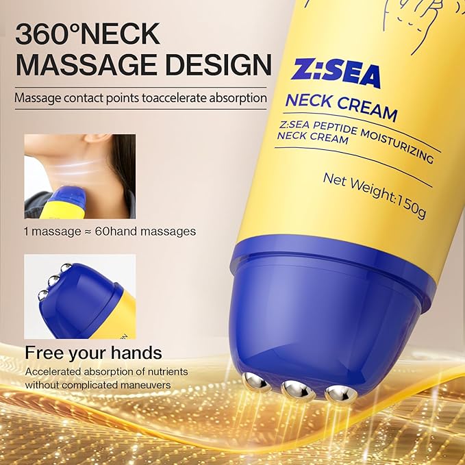 Z:SEA Neck Firming Cream with Roller - Anti-Aging Treatment, Hydrating & Tightening with Collagen, Vitamin C, Hyaluronic Acid, Reduces Wrinkles, Lifts & Firms Skin for Youthful Look, 5.29 fl oz