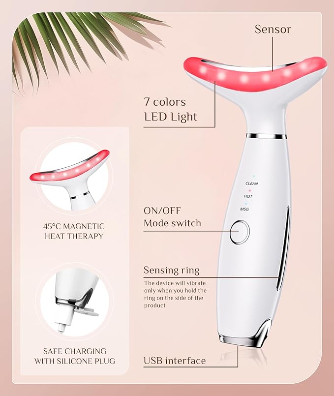 7 Color Galvanic Machines - Red Light Therapy for Face and Neck, Face Massager Tool for Wrinkles, Double Chin, Vibrating Facial Massager with Thermals, White