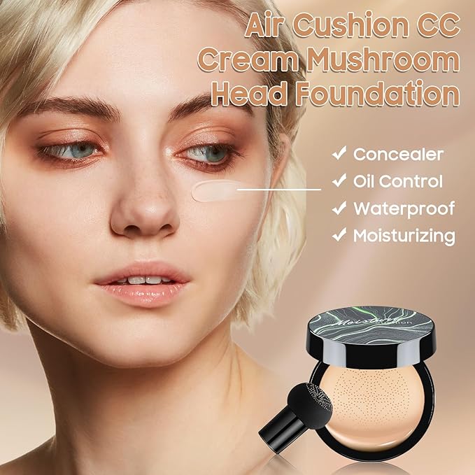 Air Cushion CC Cream Mushroom Head Foundation - Moisturizing BB Creams Foundation, Long-Lasting Waterproof Matte Concealer for Even Skin Tone (Medium Deep, 1 PCS)