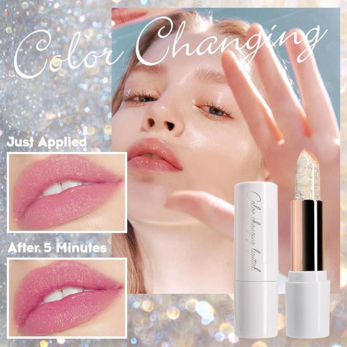 Pink Shimmer Lipstick, Ph Mood Magic Color Changing Lip Balm Plumping Glimmer Glow Lipstick Hydrating Lip Glow Oil Lasting Tinted Lip Balm Moisturizing Lips Care Temperature Jelly Lipstick(3#)