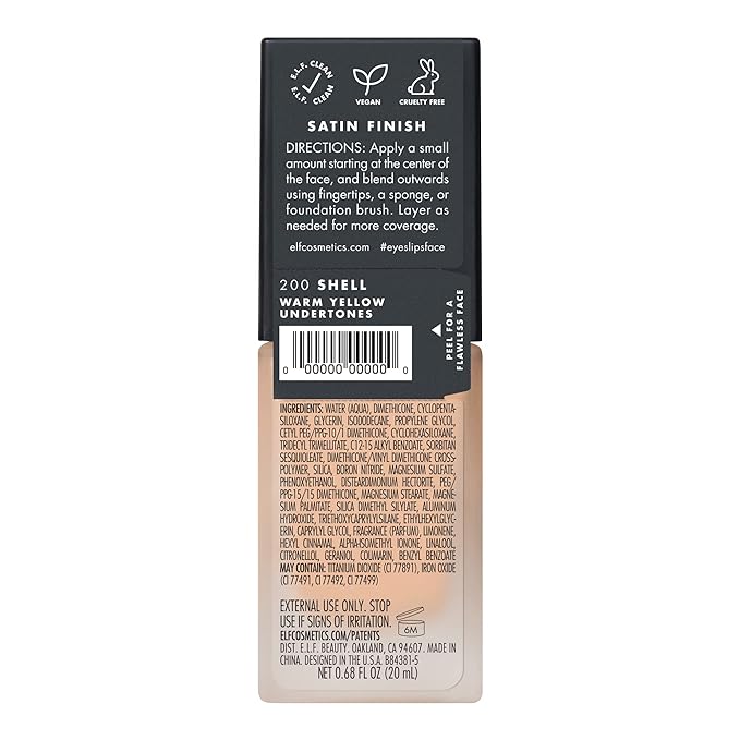 e.l.f. Flawless Finish Foundation, Lightweight & Medium Coverage, Semi-Matte Finish, Shell, 0.68 Fl Oz (20mL)