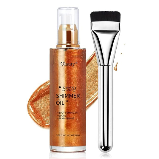 Shimmer Body Oil-Bronze Gold Face Brighten Pearl Highlighter Liquid Illuminator Body Glow Oil,4 Color Bronze Makeup Glitter Body Shimmer Oil with Makeup Brush