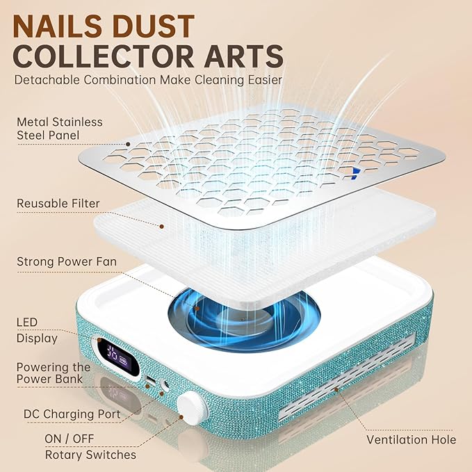 Nail Dust Collector, Rechargeable Dust Collector Nail Tech, Powerful Vacuum Fan Vent Dust Collector Extractor Dust Suction Machine for Acrylic Nails Polishing, Nail Salon&Home, Blue