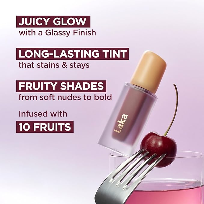 Laka Fruity Glam Tint, 4.5g/0.15 oz., Glowing Lip Stain with Wide Color Spectrum, Hydrating & Lightweight Texture, Long-Lasting Bold Stain, Non-Sticky, Vegan, K-Beauty (#122 Rosy Rose)