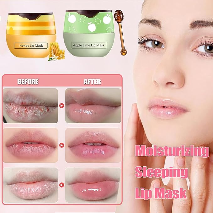 3 PCS Bee Lip Mask Lip Balm Honey Pot, Strawberry & Honey Lip Sleeping Mask Hydrating Prevention Dry and Cracked Lip Scrubs Exfoliator,Lip Mask Overnight Reduces Lip Lines