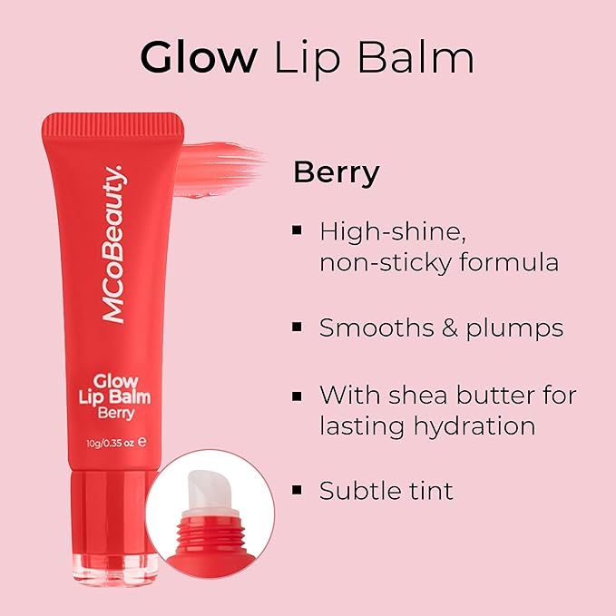 MCoBeauty Glow Lip Balm, Berry, Nourishing Tint for Luscious Lips, Vegan, Cruelty Free Cosmetics