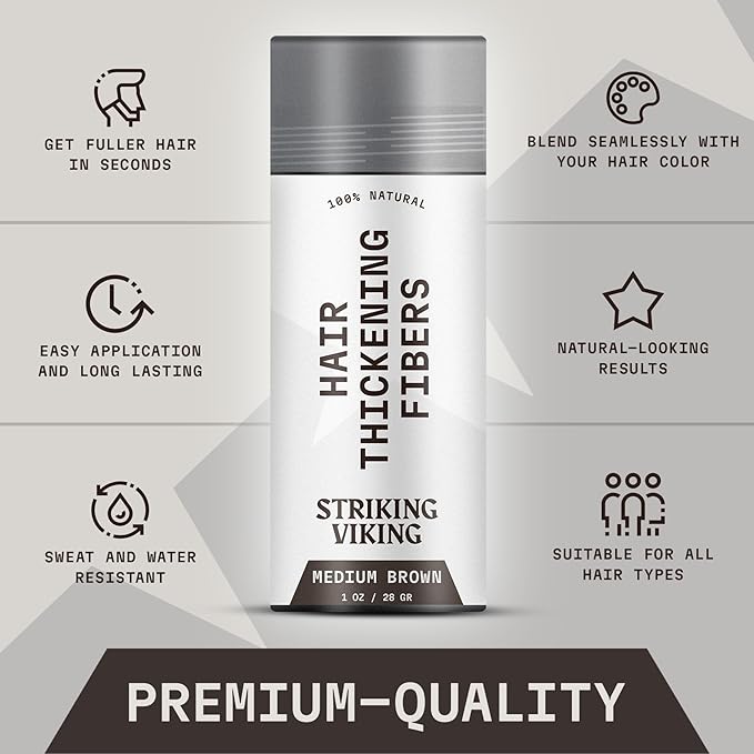 Striking Viking Hair Fibers for Thinning Hair (Medium Brown) 28g - Naturally Derived - Long Lasting Powder, Undetectable, Thicker Look for Men & Women