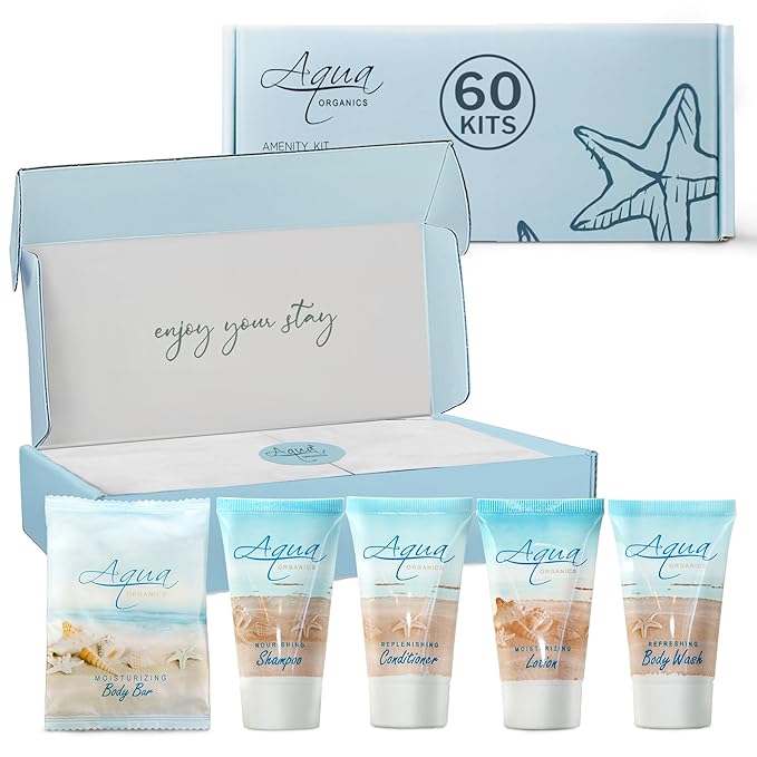 Aqua Organics Amenity Kit|Boxed Hotel Toiletries|Bulk Set 1 oz Travel Size Shampoo, Conditioner, Lotion, Body Wash & Bar Soap for Guest Hospitality AirBnB/Vacation Rentals|300 Pieces
